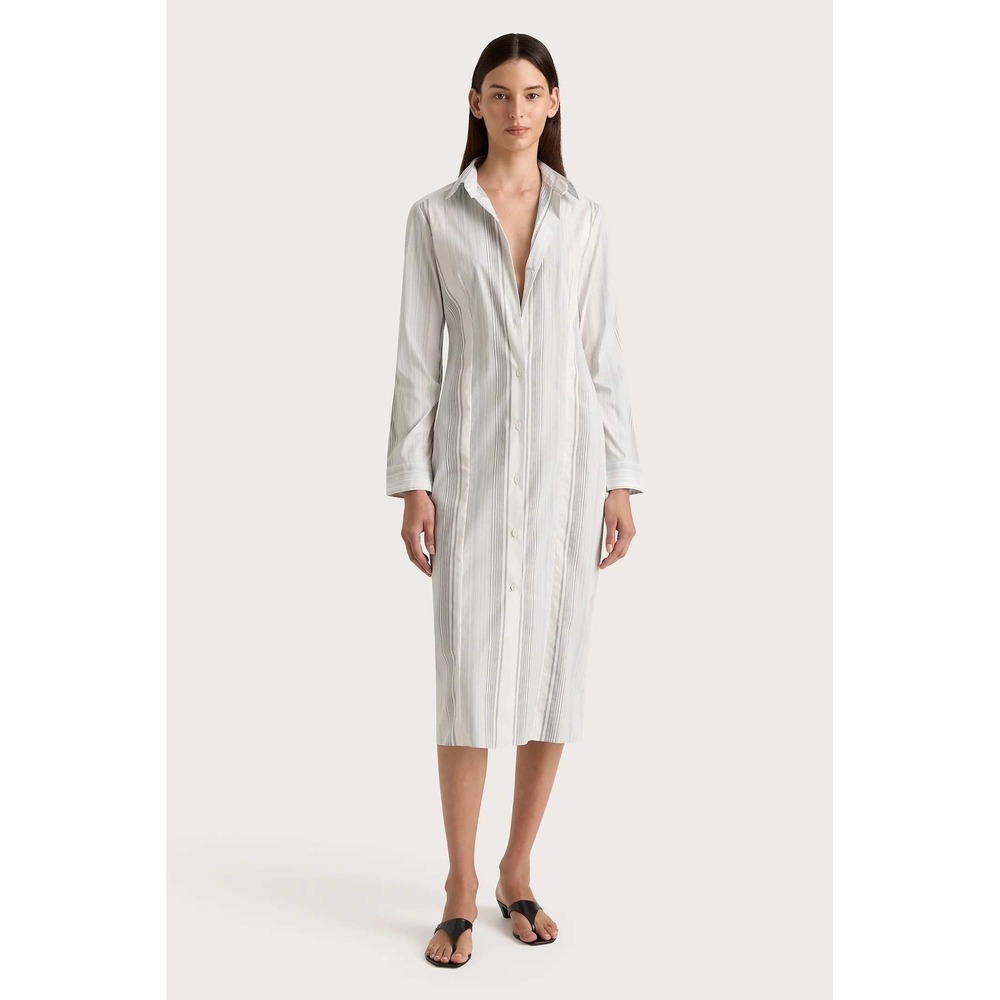Faithfull The Brand En Vau Shirt Dress Size 8 Midi Soft Blue Stripe Long Sleeve